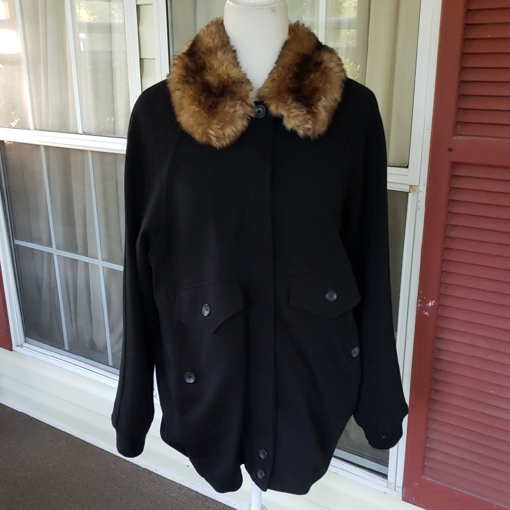 MARC MARC JACOB 100% Merino Wool ‎ Elegant Black Jacket with Faux Fur Collar
